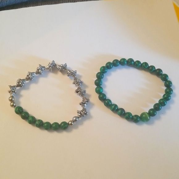 Mens 2 Pc. Green Malachite & Silverplated Expansion Bracelets Custom Made 8" - Picture 1 of 15